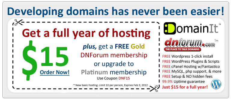 Get a full year of web hosting for just 15 dollars and a free or upgraded DNForum membership